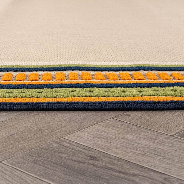 Coastal Border Design Indoor/Outdoor High-Low Textured, Coastal Border, Easy-Clean Patio 4 ft. x 6 ft. Multi Area Rug