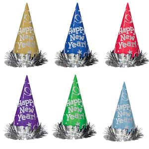 New Year's 9 in. Assorted Colors Metallic Glitter Paper Cone Hat (12-Count)