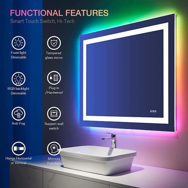 40 in. W x 32 in. H Rectangular Frameless RGB Backlit, LED Frontlit Anti-Fog Tempered Glass Wall Bathroom Vanity Mirror