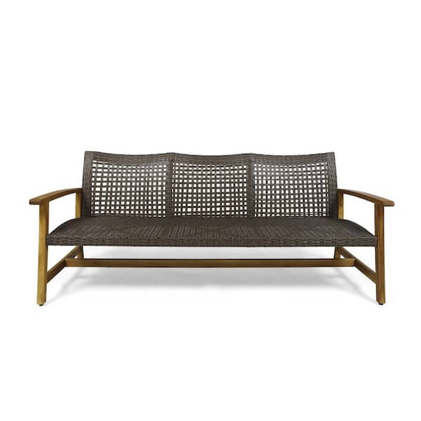 Natural 3 Seater 75.5 in. Wood Outdoor Bench with Wicker Backrest and Seat Patio Sofa for Indoor/Outdoor Furniture