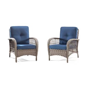 Brown Wicker Patio Outdoor Lounge Chair with Blue Cushions Set of 2