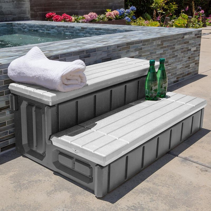 36 in. Grey Universal Resin Spa and Hot Tub Steps with Storage Compartments for Above Ground Pool