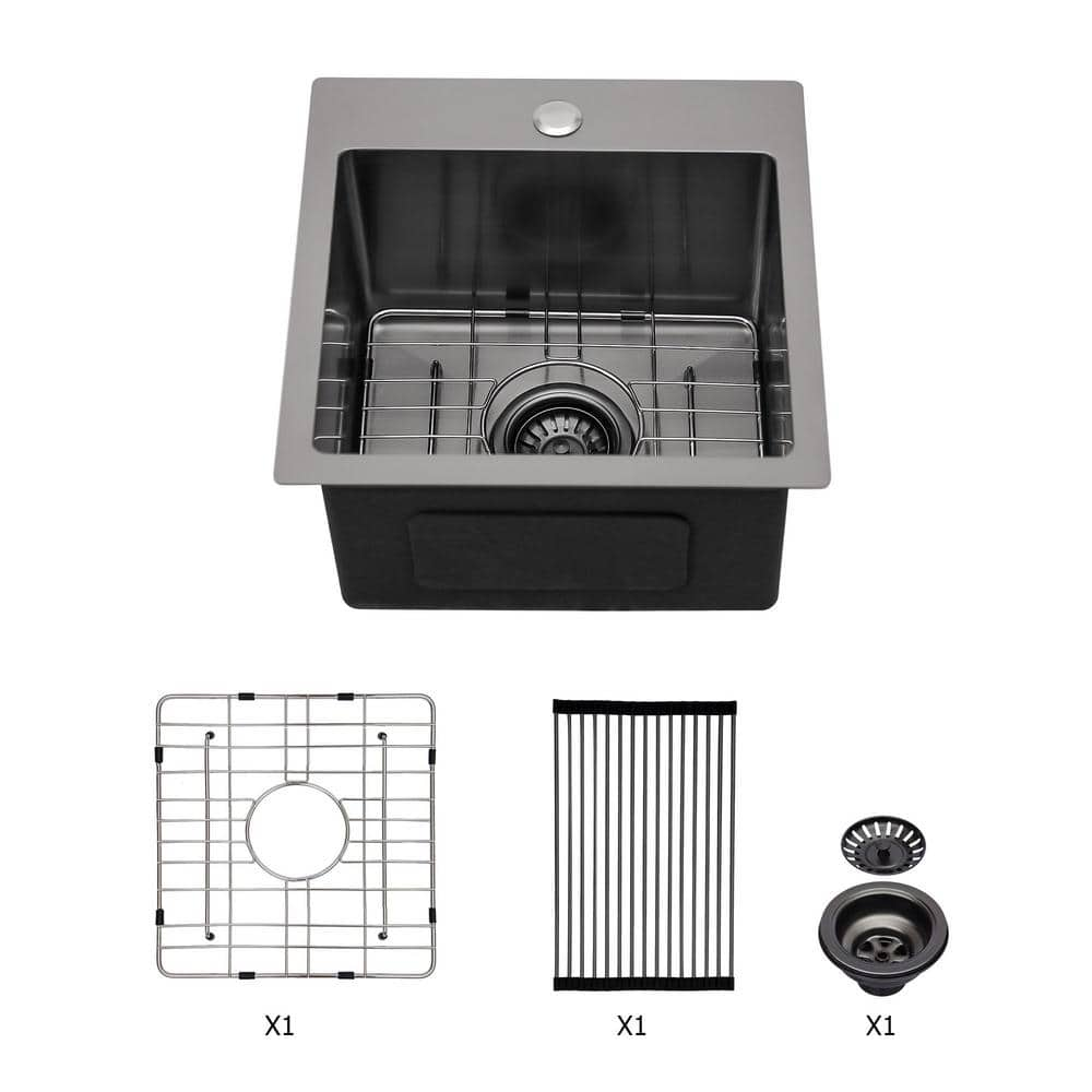 15 in. Drop-In Single Bowl 16-Gauge Gunmetal Black Stainless Steel Kitchen Sink with Bottom Grids and Drying Rack -  EPOWP, LX-KS-15-1