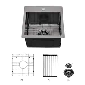 15 in. Drop-In Single Bowl 16-Gauge Gunmetal Black Stainless Steel Kitchen Sink with Bottom Grids and Drying Rack