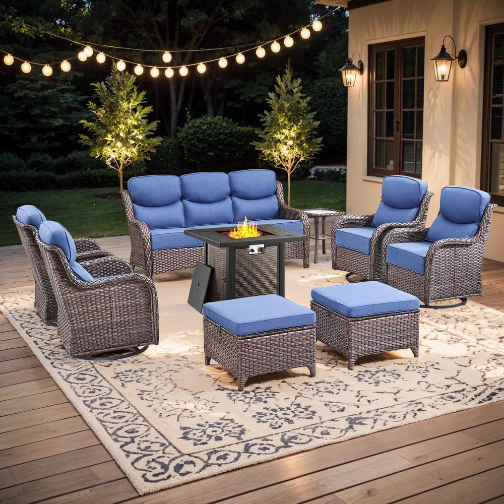 Holion 9-Piece Brown Wicker Outdoor Patio Fire Pit Conversation Seating Sofa Sets with Rocking Chairs and Blue Cushions price history on PriceWatchPro