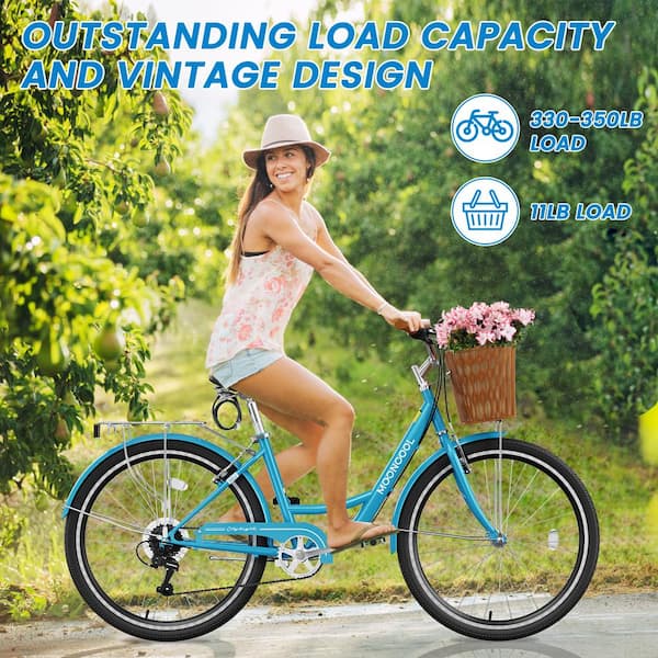 Beach Cruiser Bike for Adult 2-Wheel 26 in. 7 Speed Commute Bike Cruiser Bike with Basket and Rack, Blue