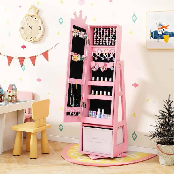 Costway Pink Wood 12.5 in. Kids Jewelry Cabinet with Full-Length Mirror Foldable Drawer Anti-toppling System