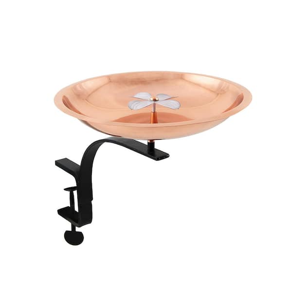 12 in. W Copper Plated and Colored Patina Dogwood Garden Birdbath with Rail Mount Bracket