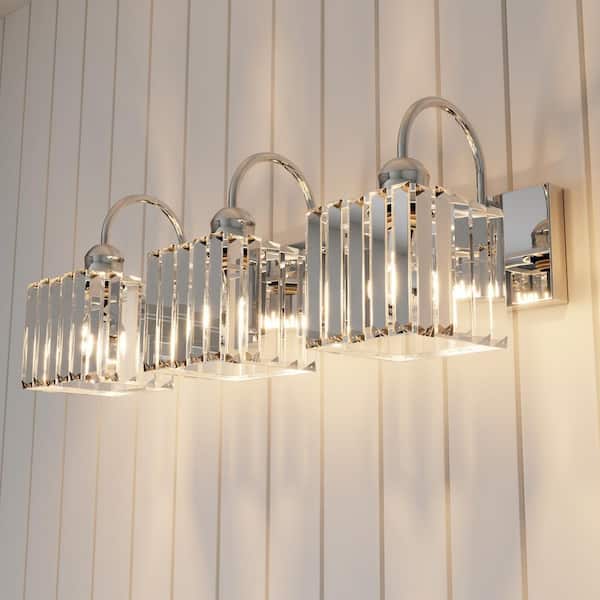ExBrite 23.15 in. 3-Light Chrome Finish Cubic Crystal Bathroom Vanity Light with Shades