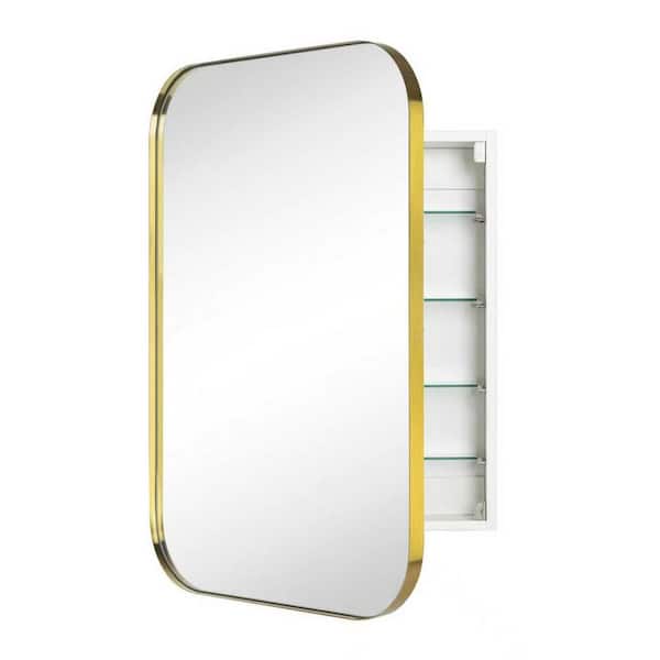 22 in. W x 30 in. H Rectangular Recessed and Surface Metal Framed Medicine Cabinet with Mirror in Brushed Gold