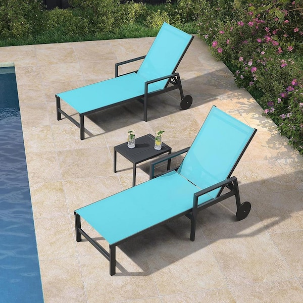 PURPLE LEAF 3-Pieces Aluminum Outdoor Chaise Lounge Chair with Wheels and Armrests Recliner Chair for Pool Backyard Beach, Blue