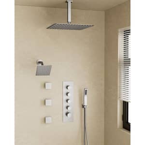 Thermostatic Valve 15-Spray 16 in. x 6 in. Ceiling Mount Dual Shower Head and Handheld Shower in Brushed Nickel