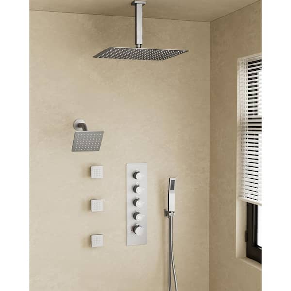 CRANACH Thermostatic Valve 15-Spray 16 in. x 6 in. Ceiling Mount Dual Shower Head and Handheld Shower in Brushed Nickel