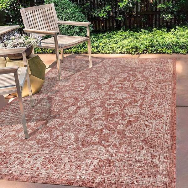 JONATHAN Y Tela Bohemian Red Taupe 7 ft. 9 in. x 10 ft. Textured Weave Floral Indoor Outdoor Area Rug SMB100A 8 The Home Depot