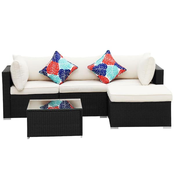 Tatayosi 5-Piece Wicker Steel Outdoor Patio Conversation Deep Seating Set with White Cushions