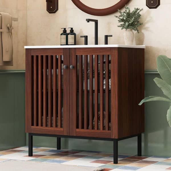 30 in. Single Sink Freestanding Dark Brown Bath Vanity with White Ceramic Top and Fence-Design Door Cabinet Unassembled