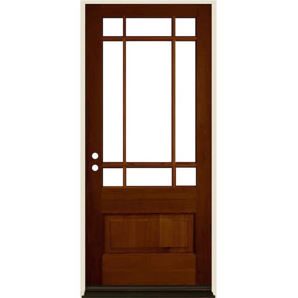 Krosswood Doors 36 in. x 80 in. 3/4 Prairie-Lite with Beveled Clear Glass Right-Hand Red Chestnut Stain Hemlock Prehung Front Door