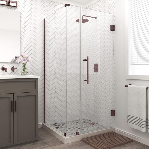 Aston Bromley 42.25 in. to 43.25 in. x 38.375 in. x 72 in. Frameless Corner Hinged Shower Door in Bronze