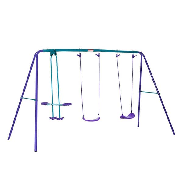 Metal Swing Set with Glider, 2 Swing Seats and Adjustable Height, Outdoor Heavy Duty A-Frame for Playground, Backyard