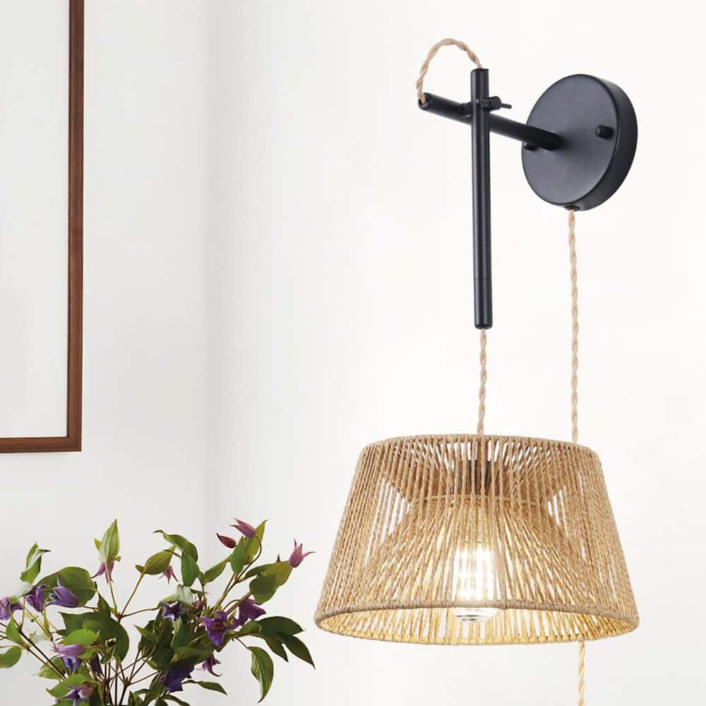 22.44 in. 1 Light Black Farmhouse Boho Swing Arm Wall Sconce with Rattan Shade and Bulb Included for Living Room Kitchen price history on PriceWatchPro