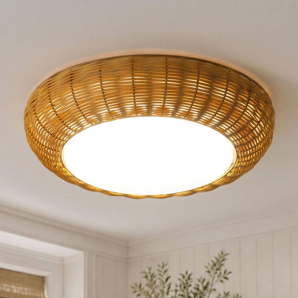 Modern 14.96 in. Round Matte Brown LED Minimalist Flush Mount Bamboo Woven Wicker Light Fixture with Hand-Woven Shade price history on PriceWatchPro