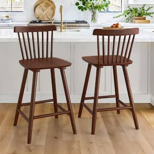 Windsor 24 in. Walnut Solid Wooden Bar Stool for Kitchen Island Counter Height Stool with Spindle Back Set of 2