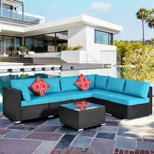 Black 7-Piece Wicker Outdoor Patio Conversation Set with Blue Cushions