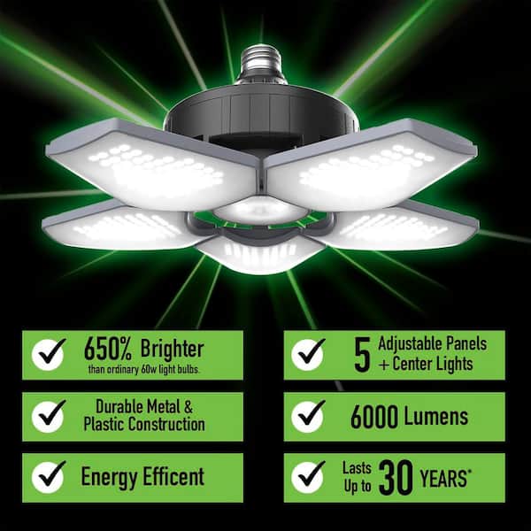 60-Watt Adjustable LED Garage Ceiling Light with 6000 Lumens, 348 LED Bulbs