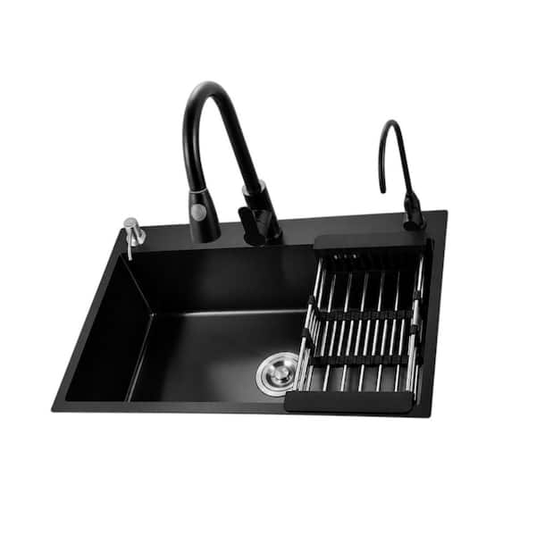 21.7 in. x 17.7 in. Drop-in Topmount Single Bowl Black Stainless Steel Kitchen Sink with Faucet, Multiple Accessories
