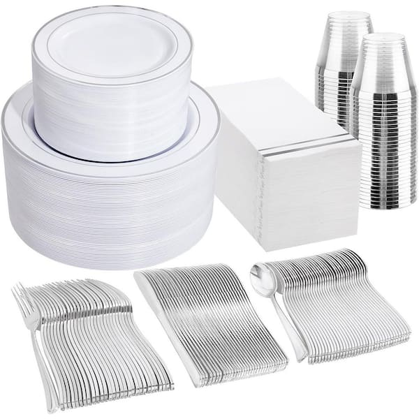 Silver Plastic Dinnerware Set, 700-Piece Party Pack with Plates, Cups, Flatware, Napkins for 100 Guests