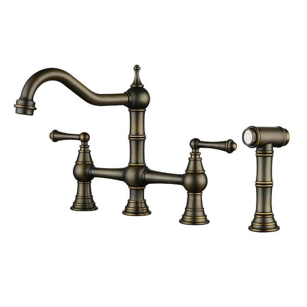 Brass 8 in. Double Handle Bridge Kitchen Faucet with Brass Valve, Side Sprayer and Supply Lines in Antique Bronze