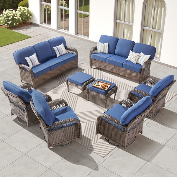 Buenaola Brown 8-Piece Wicker Patio Conversation Set with Swivel Rocking Chair, Outdoor Couch Seating Set with Blue Cushion