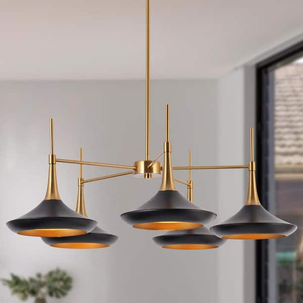 Modern Matte Black Island Chandelier with Bell Metal Shades for Kitchen 5-Light Plating Brass Dining Hanging Pendant