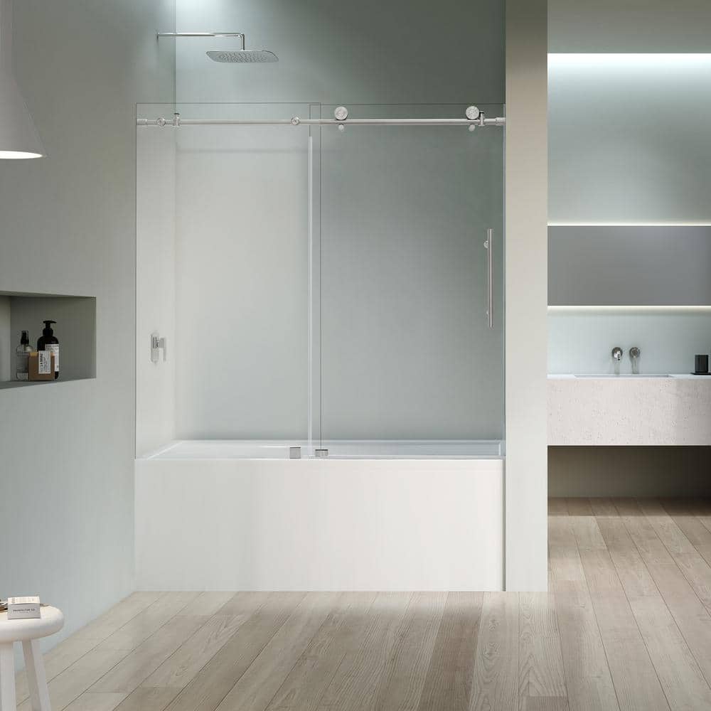 Lazaro 60" Brushed Nickel Frameless Sliding Tub Door with Clear Glass
