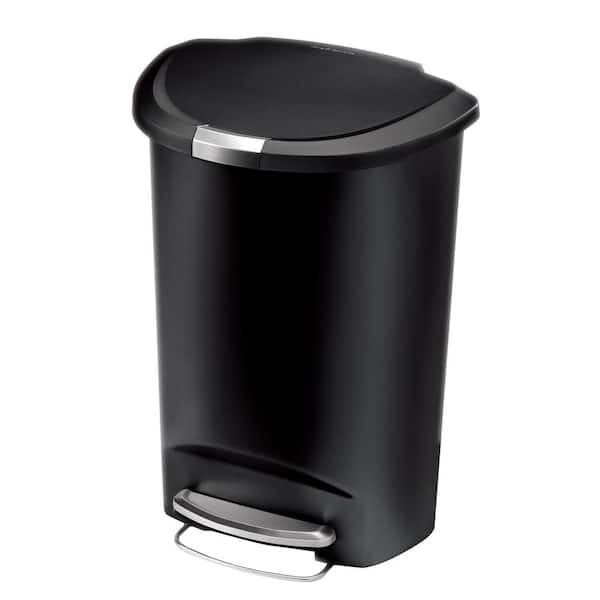 13 Gallon Semi-Round Step Kitchen Trash Can, Black Plastic with Soft-Close Locking Lid
