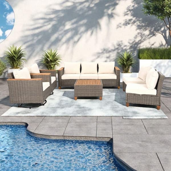 Cesicia Brown 8-Piece Wicker Outdoor Sectional Set with Beige Cushions and Storage Table