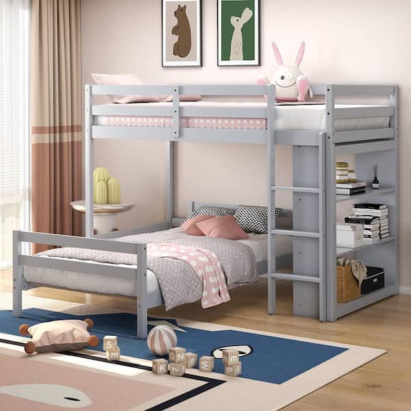 Grey Twin Over Twin Loft Bunk Bed Wood w/Bookcase Guardrail Ladder Kids Bedroom