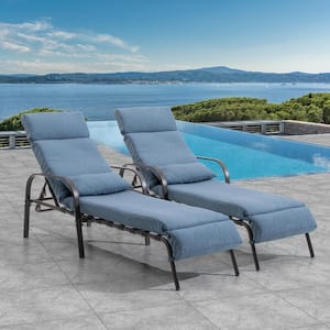 2-Piece Adjustable Metal Outdoor Chaise Lounge with Dark Blue Cushion