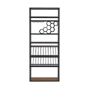 LED Tall Bar Cabinet 18-Bottle Wine Rack Black Contemporary Standing Honeycomb Wine Rack with Glass Rack