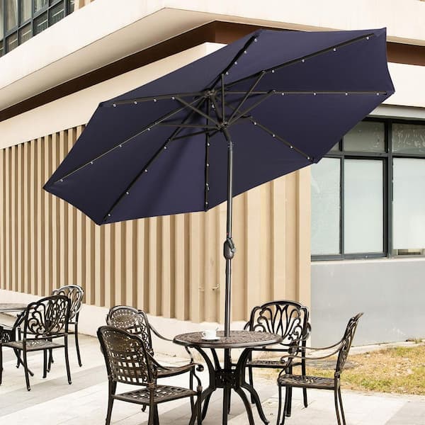 9 ft. Aluminum Market Patio Umbrella LED Solar Outdoor Umbrella in Navy Blue with Tilt and Crank