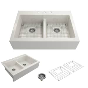 Nuova Biscuit Fireclay 34 in. Double Bowl Drop-In Apron Front Kitchen Sink with Protective Grids and Strainers