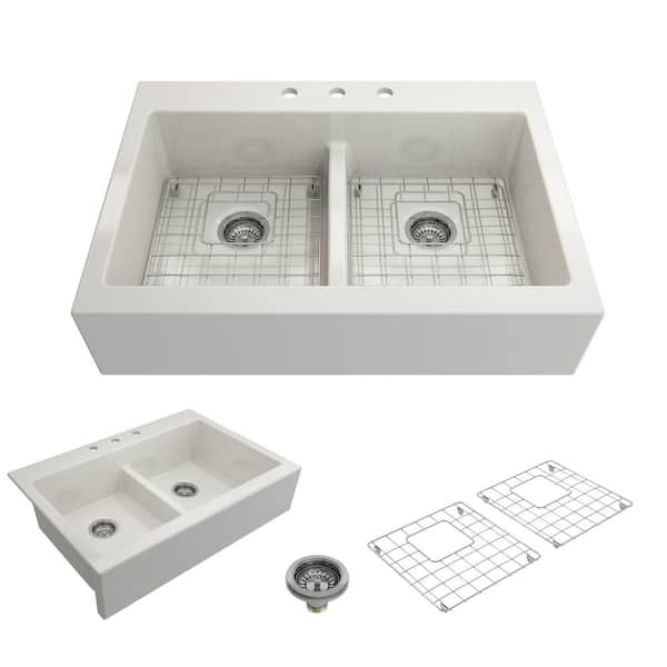 BOCCHI Nuova Biscuit Fireclay 34 in. Double Bowl Drop-In Apron Front Kitchen Sink with Protective Grids and Strainers