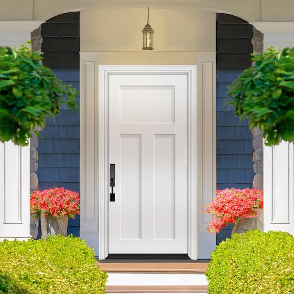 Legacy 34 in. x 80 in. 3 Panel Craftsman RHIS Unfinished White Fiberglass Prehung Front Door with 4-9/16 Jamb