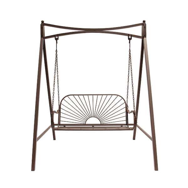 60" Iron Sun-Shaped Hanging Seat for Two, Durable Indoor/Outdoor Swing Bench, Brown Metal Patio Swing with Sun Pattern