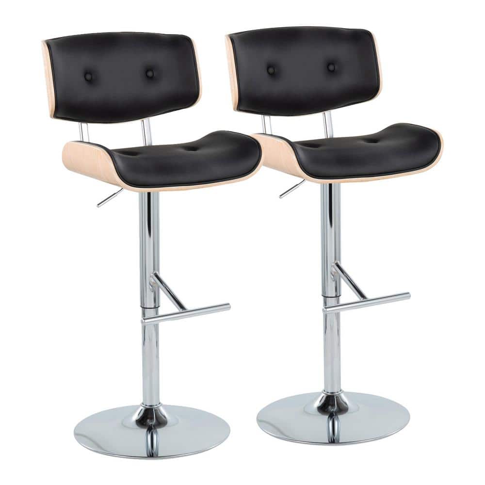 Lumisource Lombardi 34 in. Black Faux Leather, Natural Wood and Chrome Metal Adjustable Bar Stool Straight T Footrest (Set of 2)
