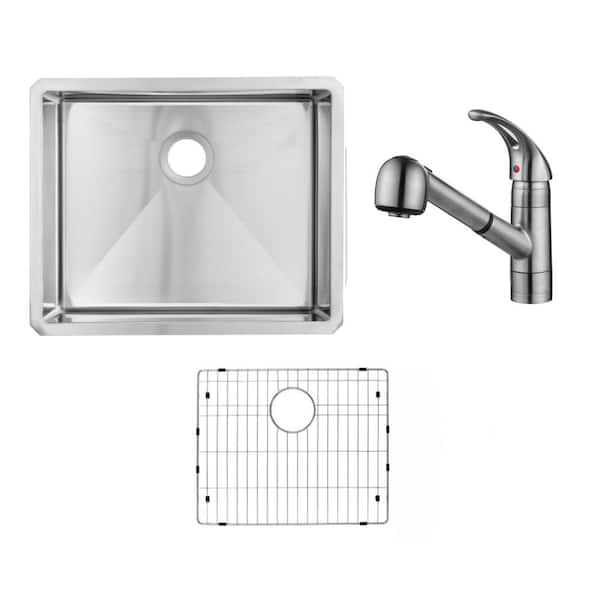 Undermount 23 in. 16-Gauge Stainless Steel Bar Sink in Brushed Stainless with Pull Out Kitchen Faucet