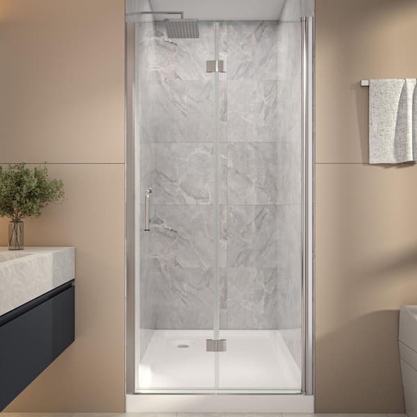 36 in. - 38 in. W x 72 in. H Bi-Fold Frameless Shower Door in Brushed Nickel with Clear Glass