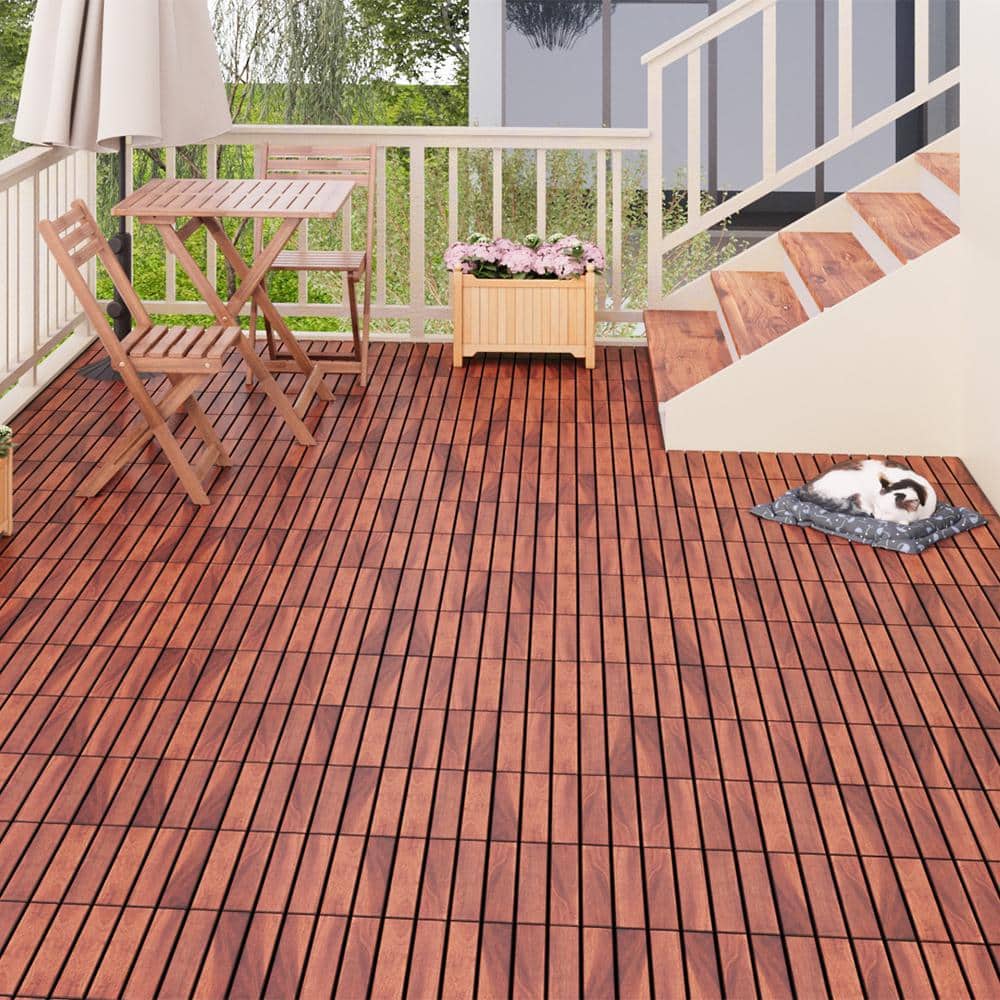 YOFE 1 ft. x 1 ft. Acacia Wood Interlocking Deck Tiles in Brown, Indoor ...