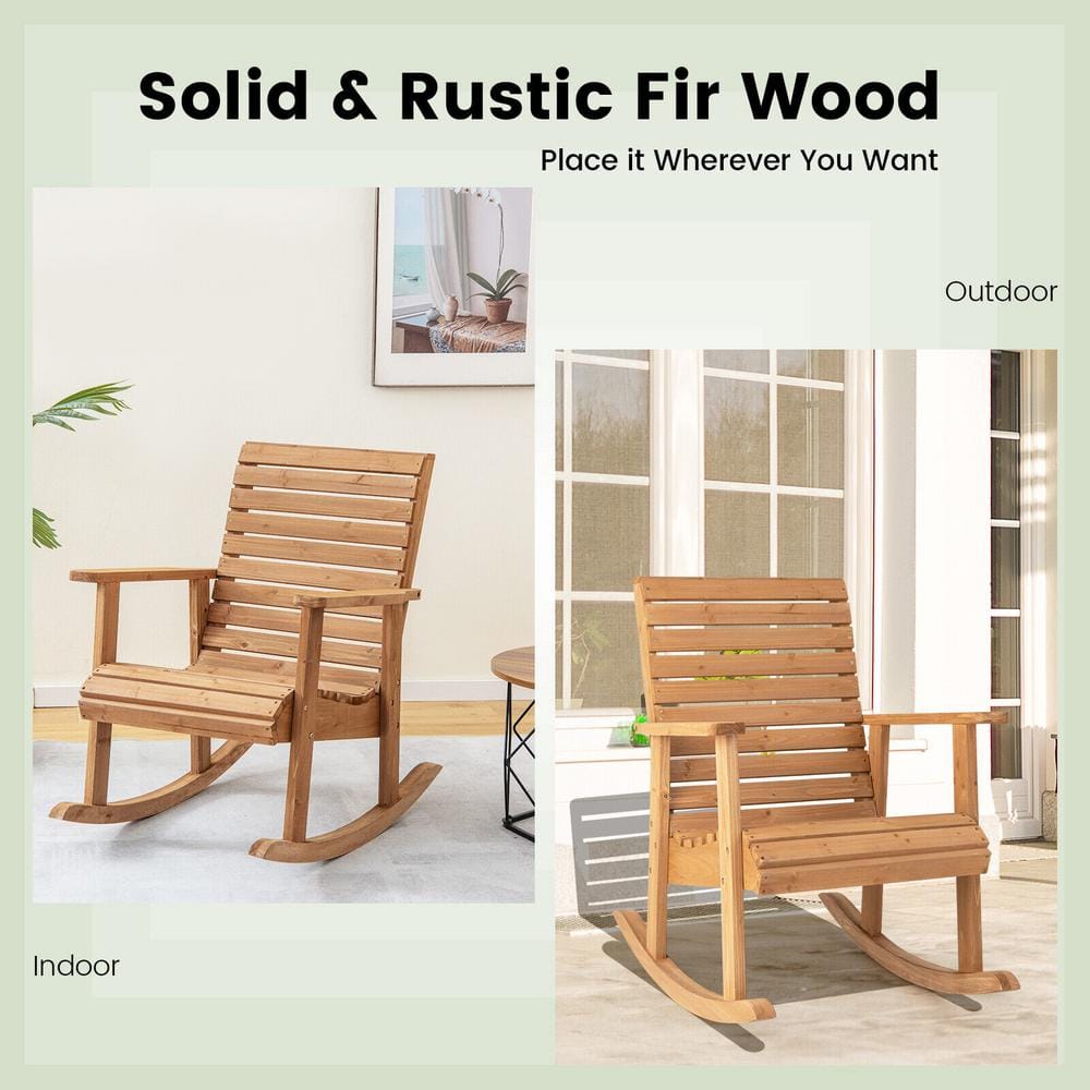 Natural Fir Wood High Back Outdoor Rocking Chair with Armrests