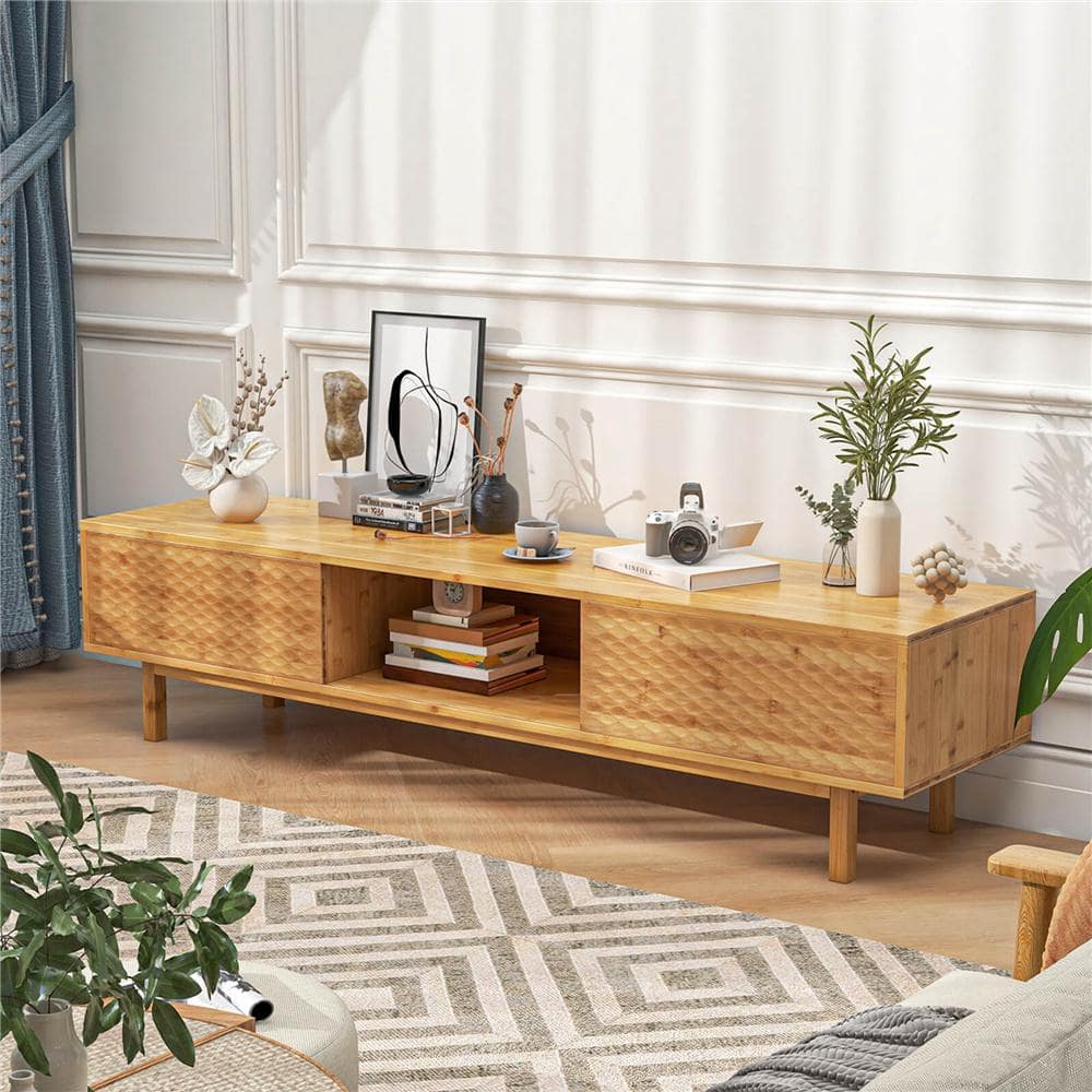 COSTWAY TV Schrank Bambus, TV Lowboard mit Rattan- & Glasschiebetüren